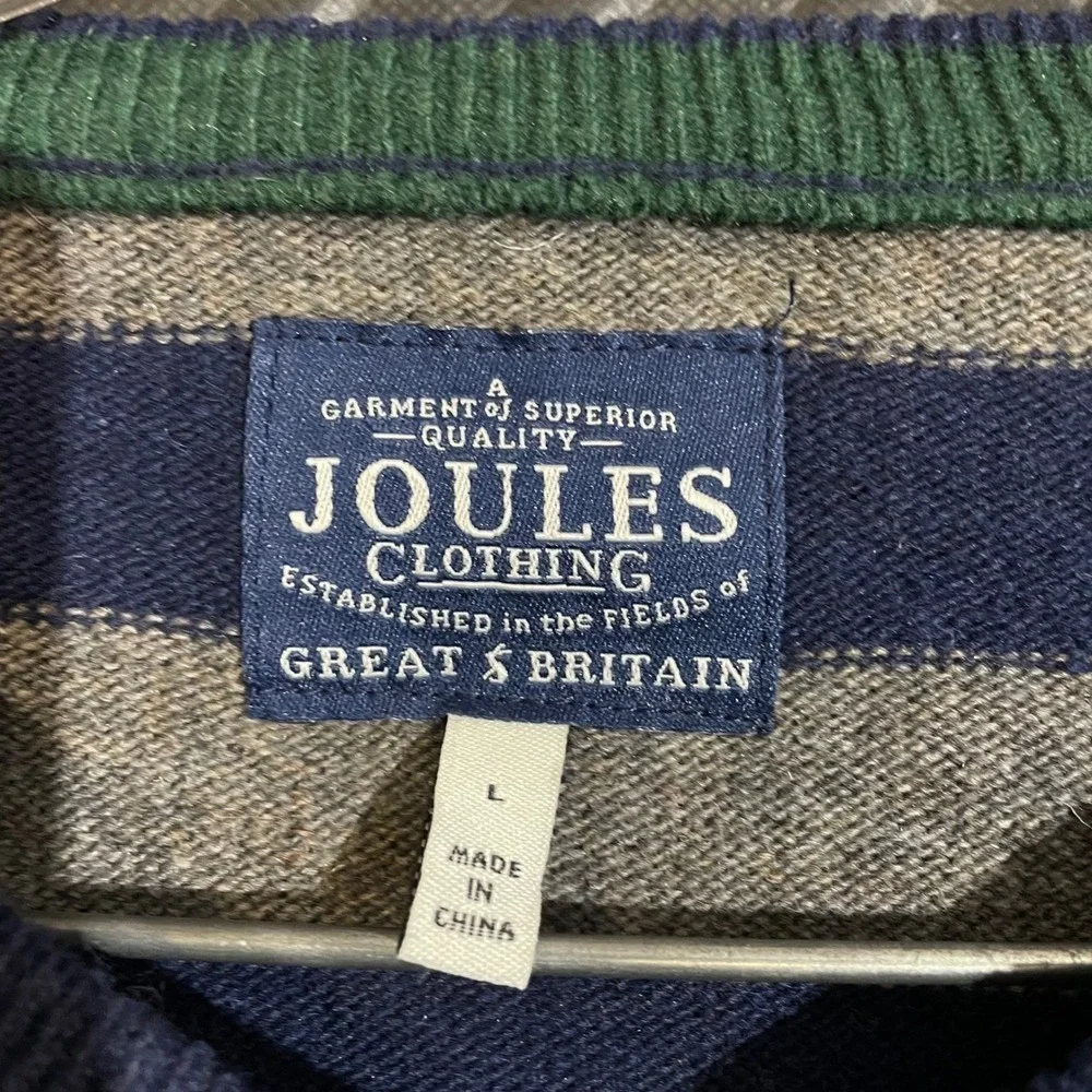 Vintage Joules Clothing‎ Gray Blue Wool Striped Pullover V-Neck Sweater Men L